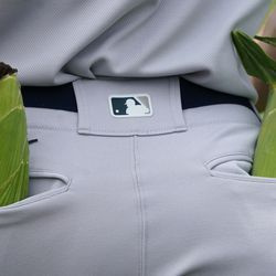 Pemukul yang ditetapkan Yankees Giancarlo Stanton berjalan di atas padang dengan hasil jagung di poket belakangnya sebelum perlawanan.