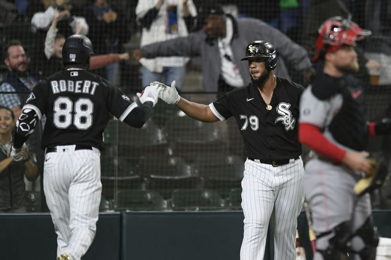 White Sox centerspiller Luis Robert (88) fejrer med holdkammeraten Jose Abreu efter at have ramt det første af to hjemmeløb mod Cincinnati Reds tirsdag.